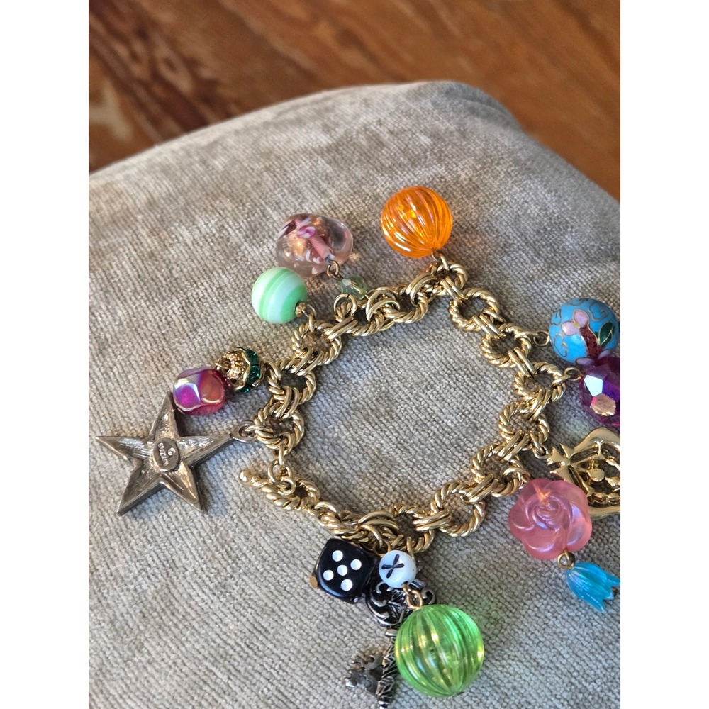 R.J. Graziano Charm Bracelet Goldtone Glass Bead Dice Crown Key Star Rose Rare!